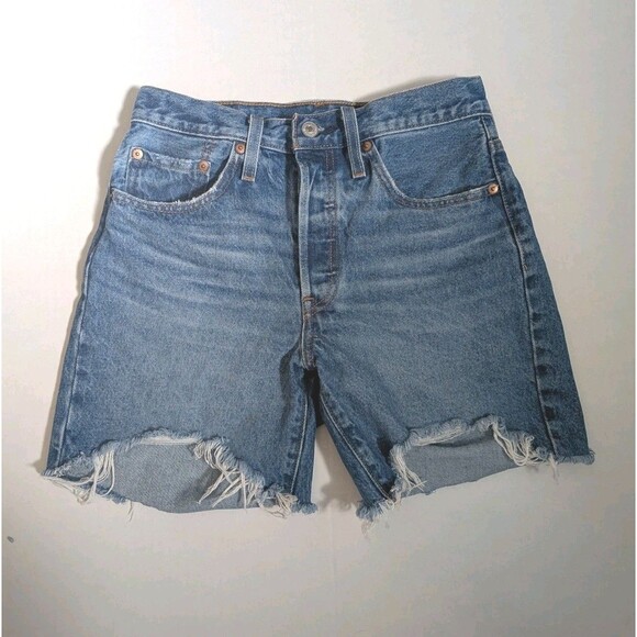 Levi's Women 501 Mid Thigh High Rise Denim Jeans Short Size 26 Blue Shorts Jorts - Picture 1 of 13